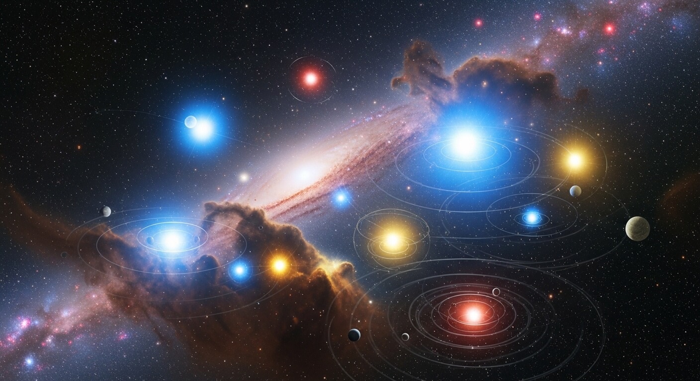 Illustration of multiple colorful star systems with orbiting planets against a star-filled cosmic background.