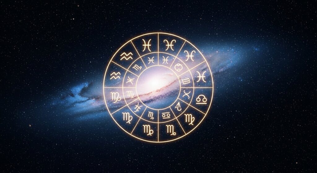 Glowing zodiac wheel with astrological symbols over a starry galaxy background