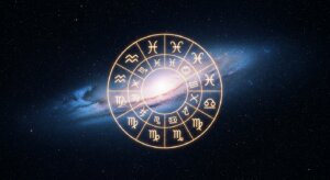 Glowing zodiac wheel with astrological symbols over a starry galaxy background