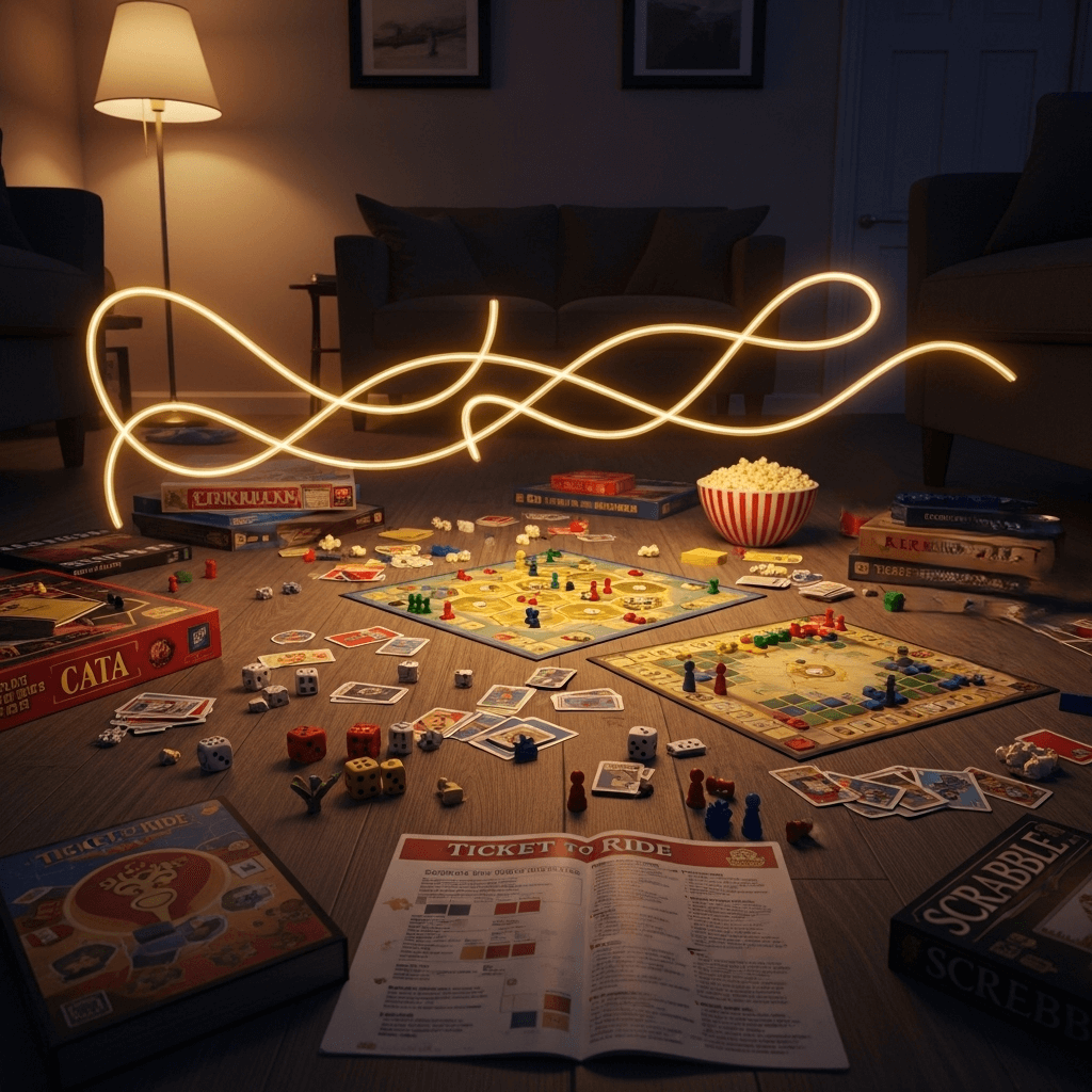 Pengaturan malam permainan papan dengan Ticket to Ride, Scrabble, Catan, popcorn, dan jalur cahaya bercahaya di ruang tamu yang nyaman.