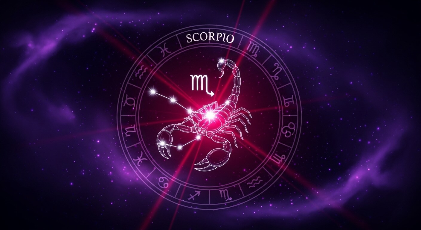 Scorpio zodiac sign with constellation and scorpion illustration on a purple cosmic background