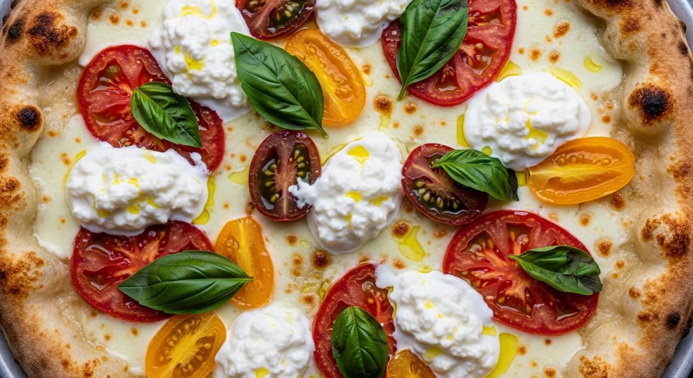 Pizza topped with fresh basil leaves, sliced red and yellow tomatoes, dollops of ricotta cheese, and olive oil drizzle