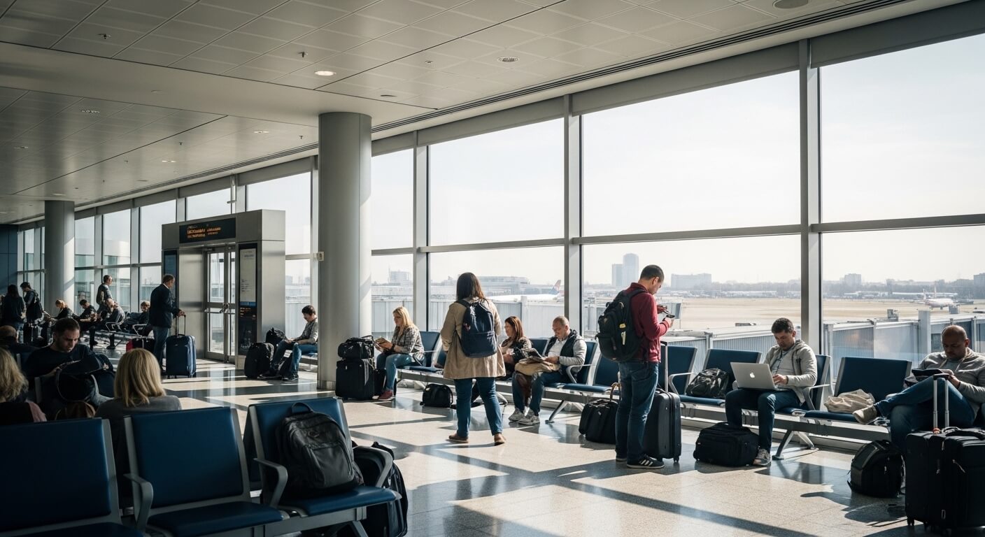 Passengers waiting with luggage in a bright airport terminal near large windows overlooking the runway.