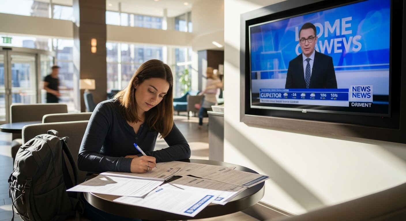 Young woman filling out forms at a table in a bright lobby with a news broadcast on a wall-mounted TV nearby