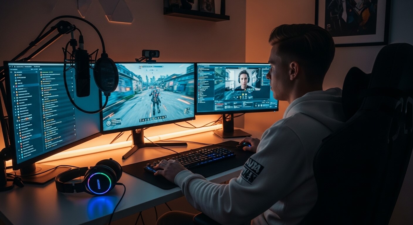 Young man playing a video game on a triple-monitor setup with a microphone and RGB headphones on the desk