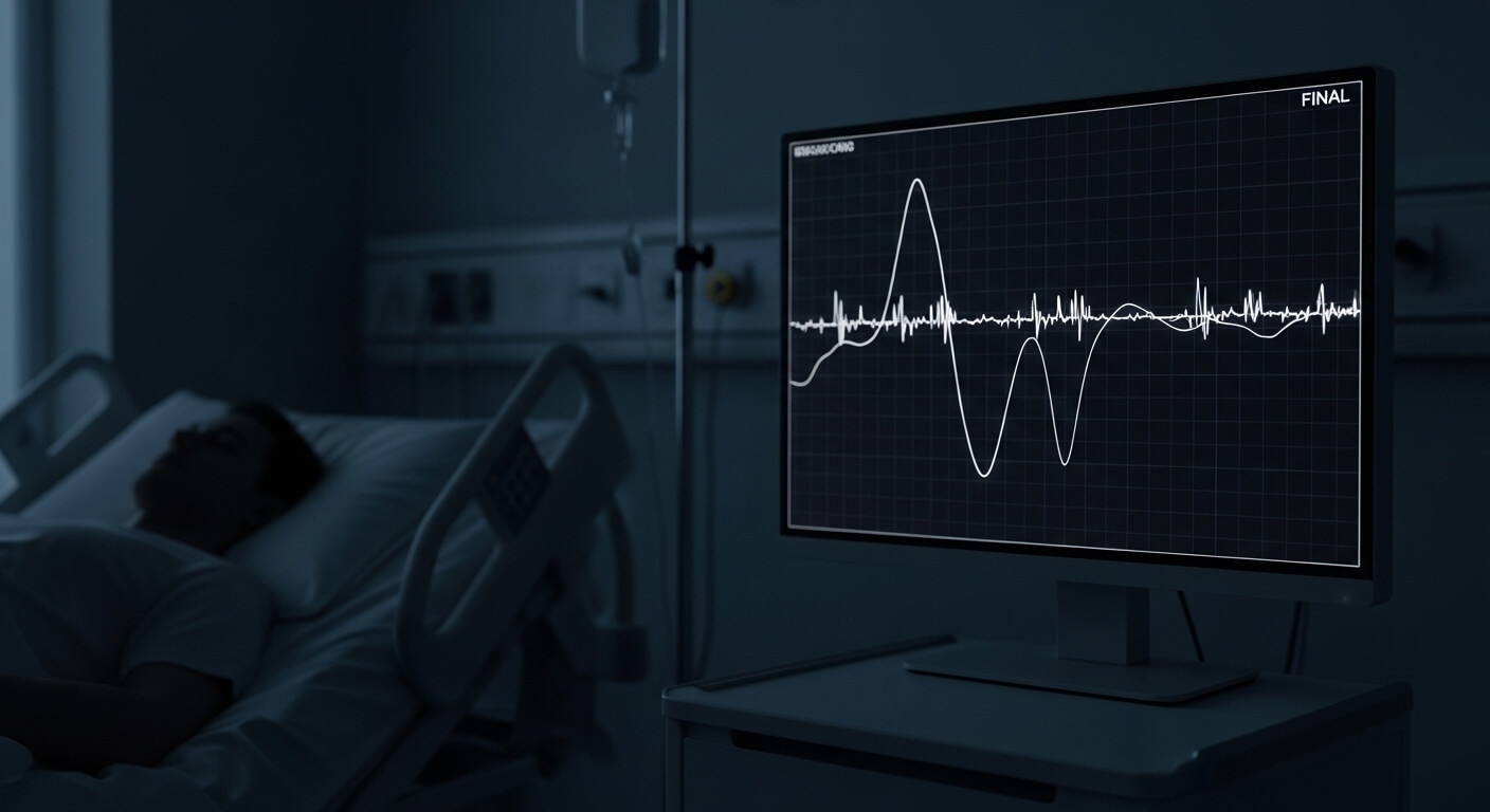 Hospital patient lying in bed with heart monitor displaying irregular ECG waveform labeled "FINAL"