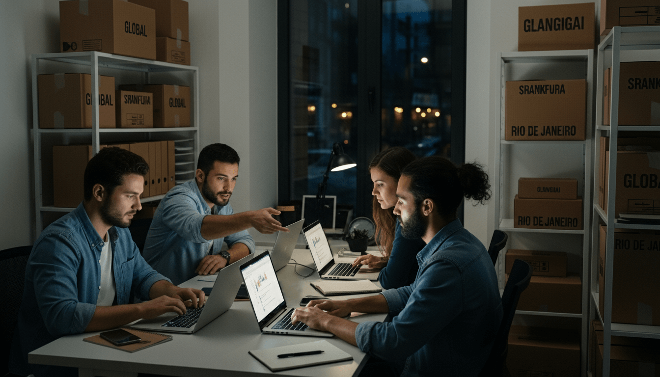 Four young professionals working on laptops in a dimly lit office with shelves of labeled boxes.