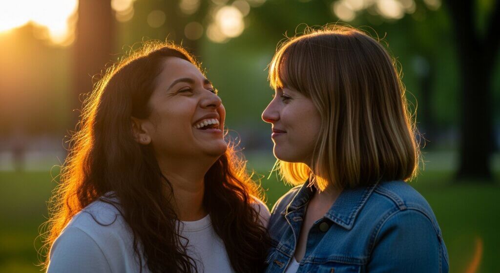 Two women smiling and looking at each other outdoors at sunset, one wearing a white shirt and the other a denim jacket.