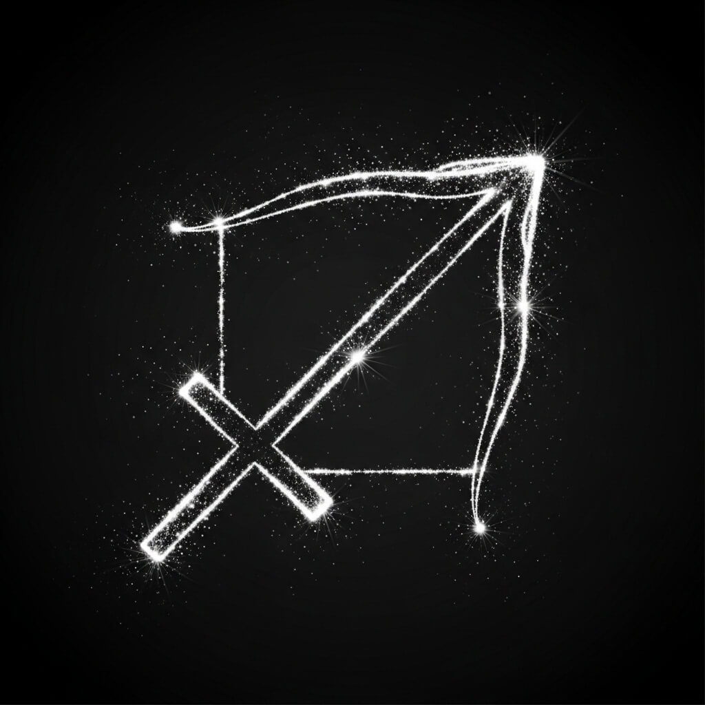 Glowing white Sagittarius zodiac symbol with arrow and bow on black background