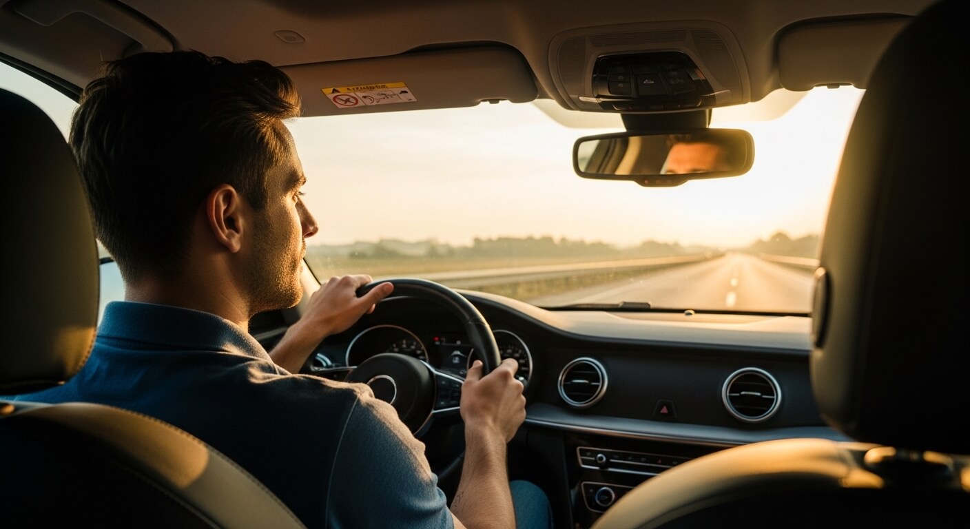 Man driving a car on an empty highway at sunset viewed from the back seat