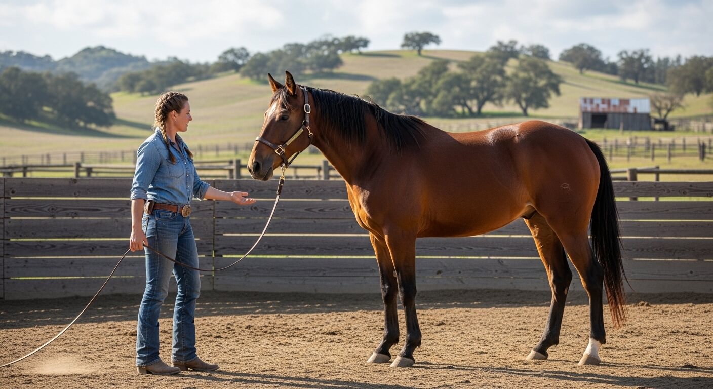 Woman in denim training a brown horse in a fenced outdoor arena with rolling hills in the background