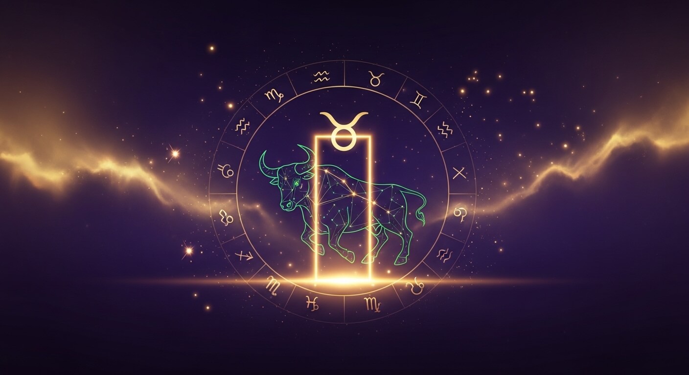 Zodiac wheel with glowing Taurus symbol and constellation of a bull against a starry night sky.