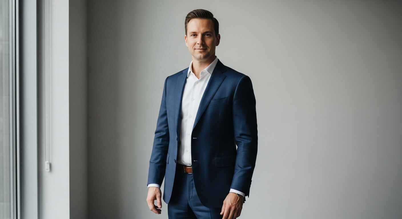 Man in a navy blue suit and white shirt standing against a gray wall near a window