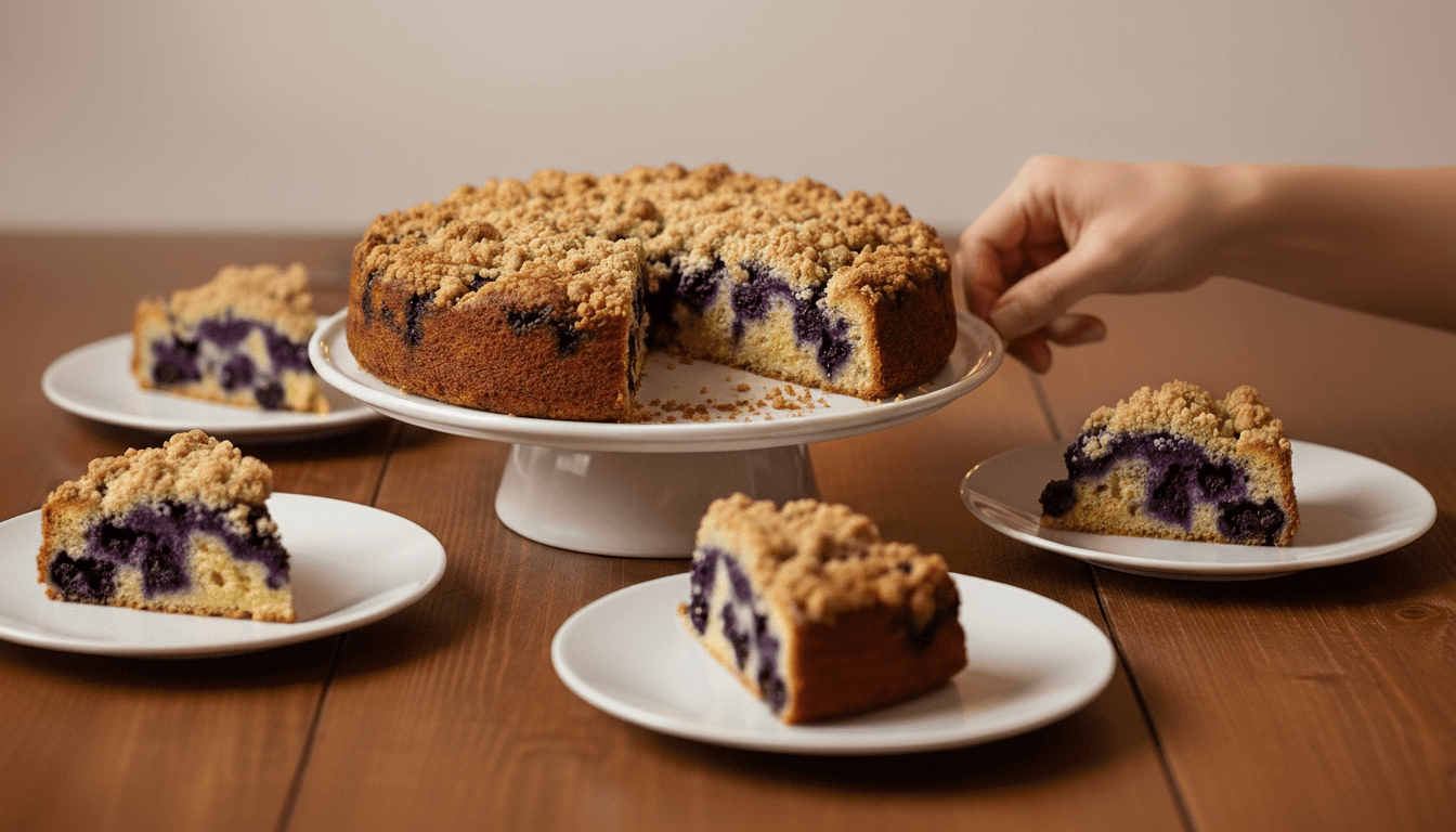 Blueberry crumb cake with four slices served on white plates on a wooden table, hand placing one slice.