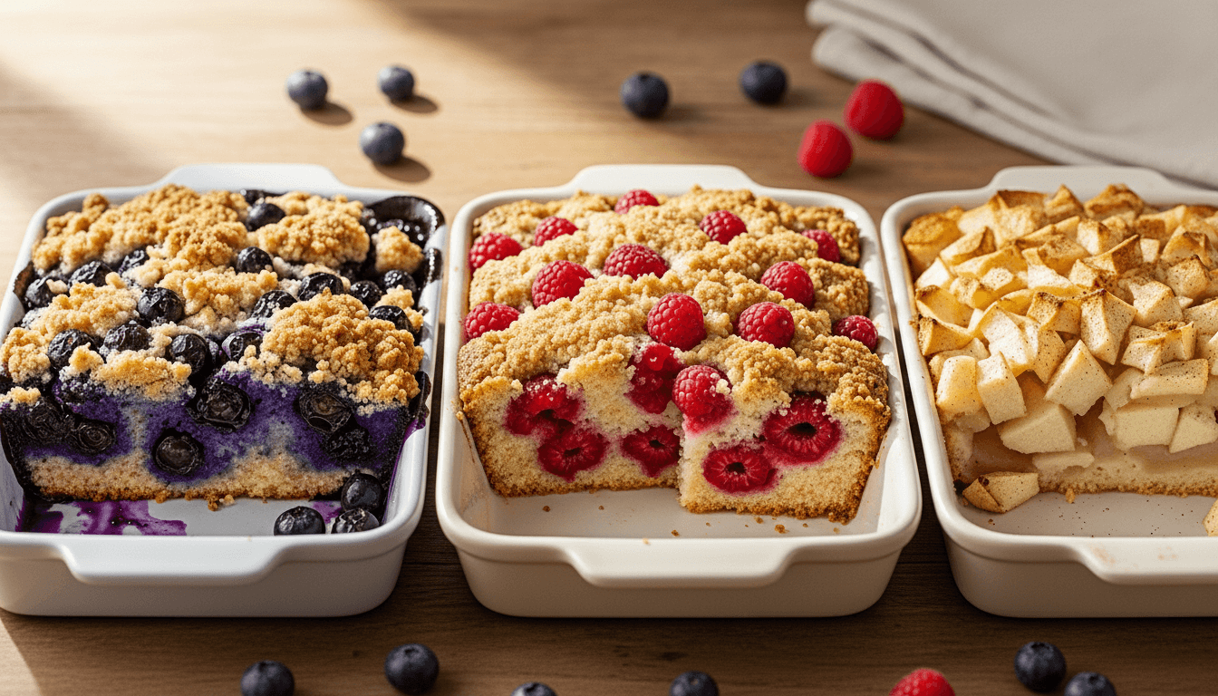 Three fruit crumble cakes with blueberries, raspberries, and diced apples in white baking dishes on a wooden table.