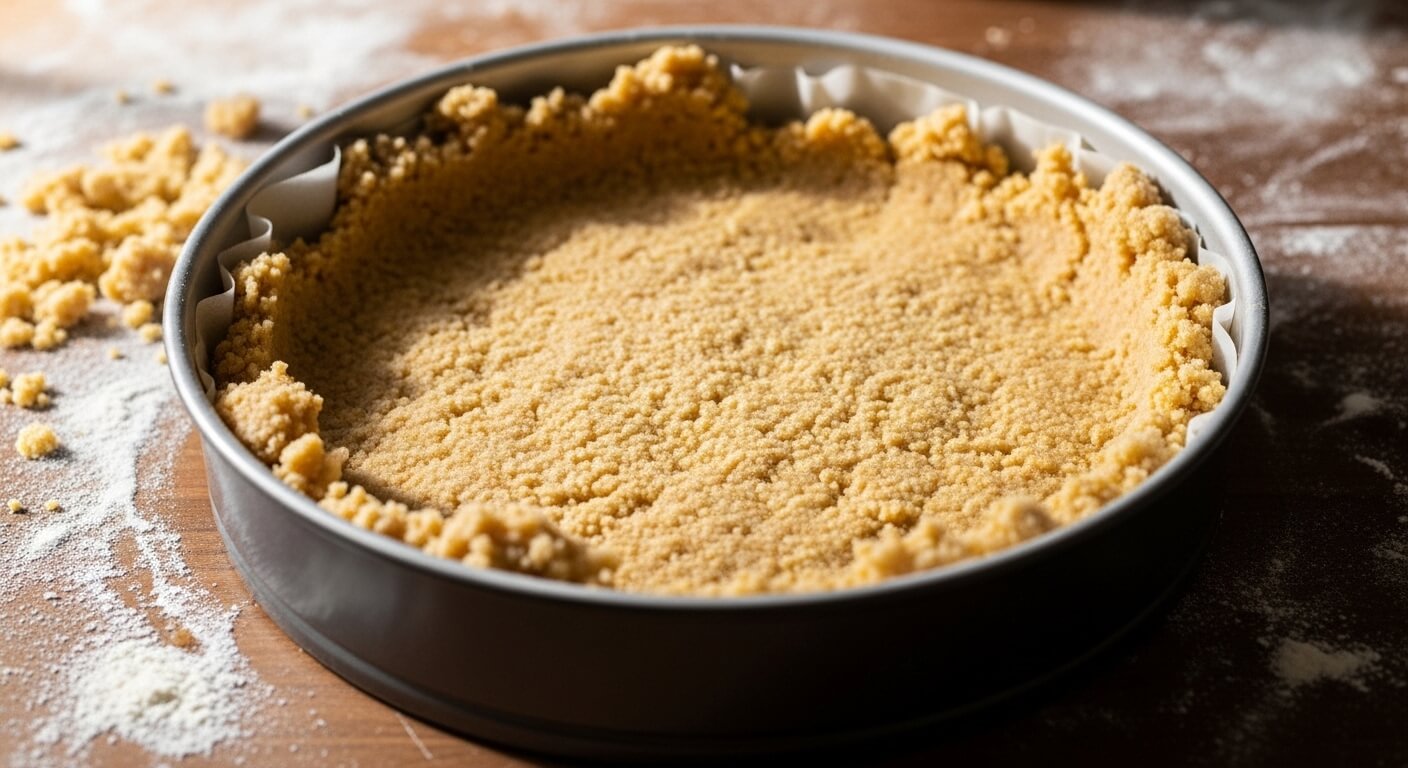 Unbaked crumbly pie crust pressed into a round baking pan lined with parchment paper on a floured wooden surface
