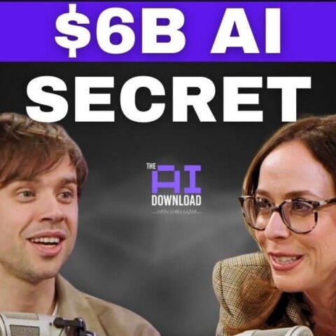 Two people discussing on The AI Download podcast with text "$6B AI Secret" above them