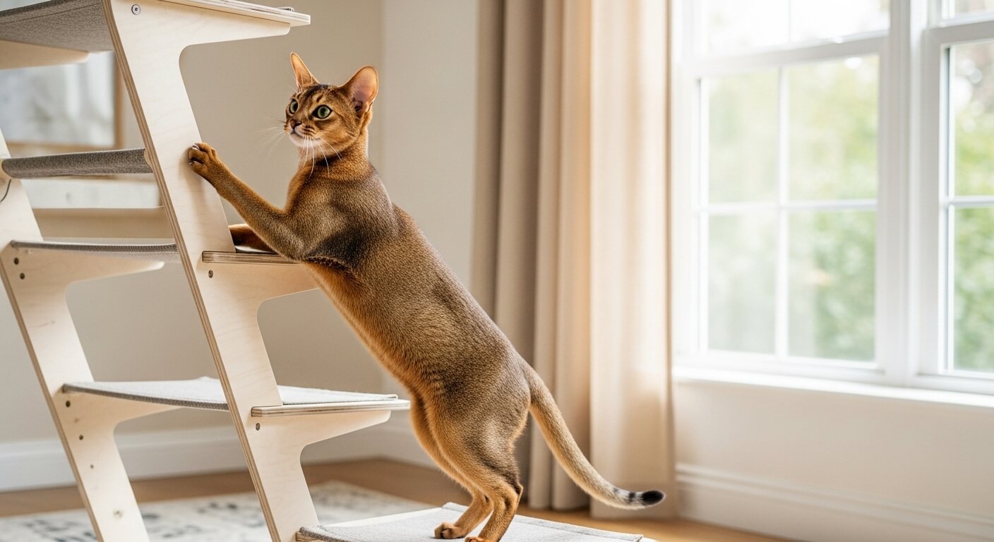 Abyssinian cat climbing a modern wooden cat tree near a window with beige curtains.