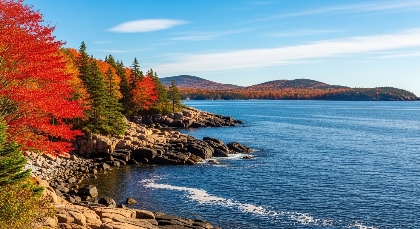 Rocky coastline with autumn trees and calm blue ocean under a partly cloudy sky