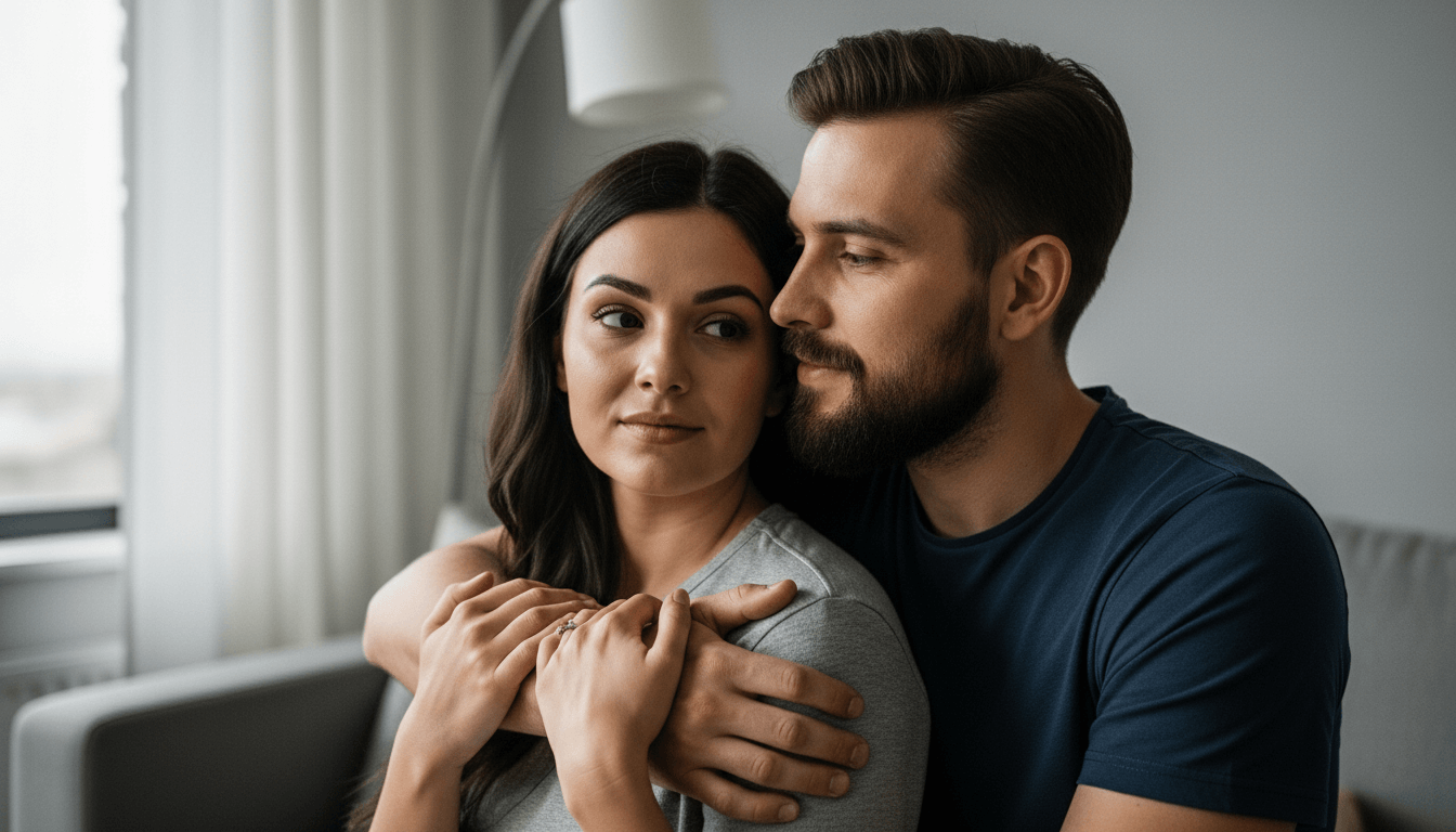 man with beard hugging woman with long dark hair sitting on couch in natural light