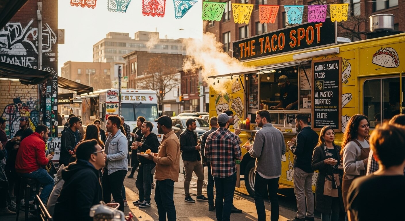People ordering and eating at The Taco Spot yellow food truck with colorful papel picado decorations overhead.