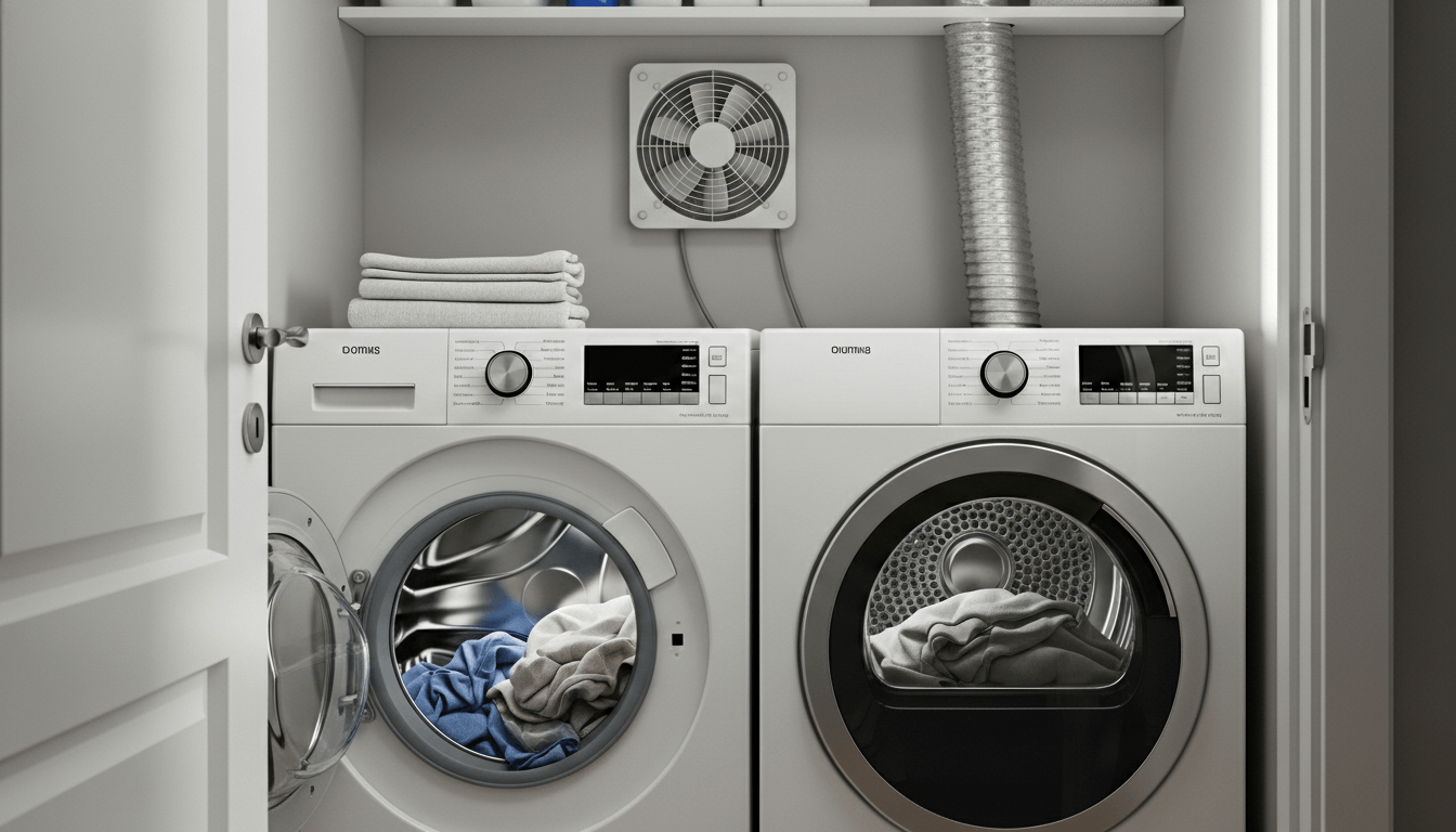Front-loading washing machine and dryer with clothes inside in a modern laundry closet with folded towels on top