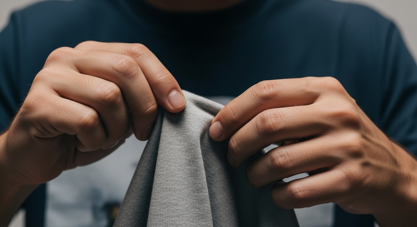 Hands holding and stretching a piece of gray fabric against a dark shirt background