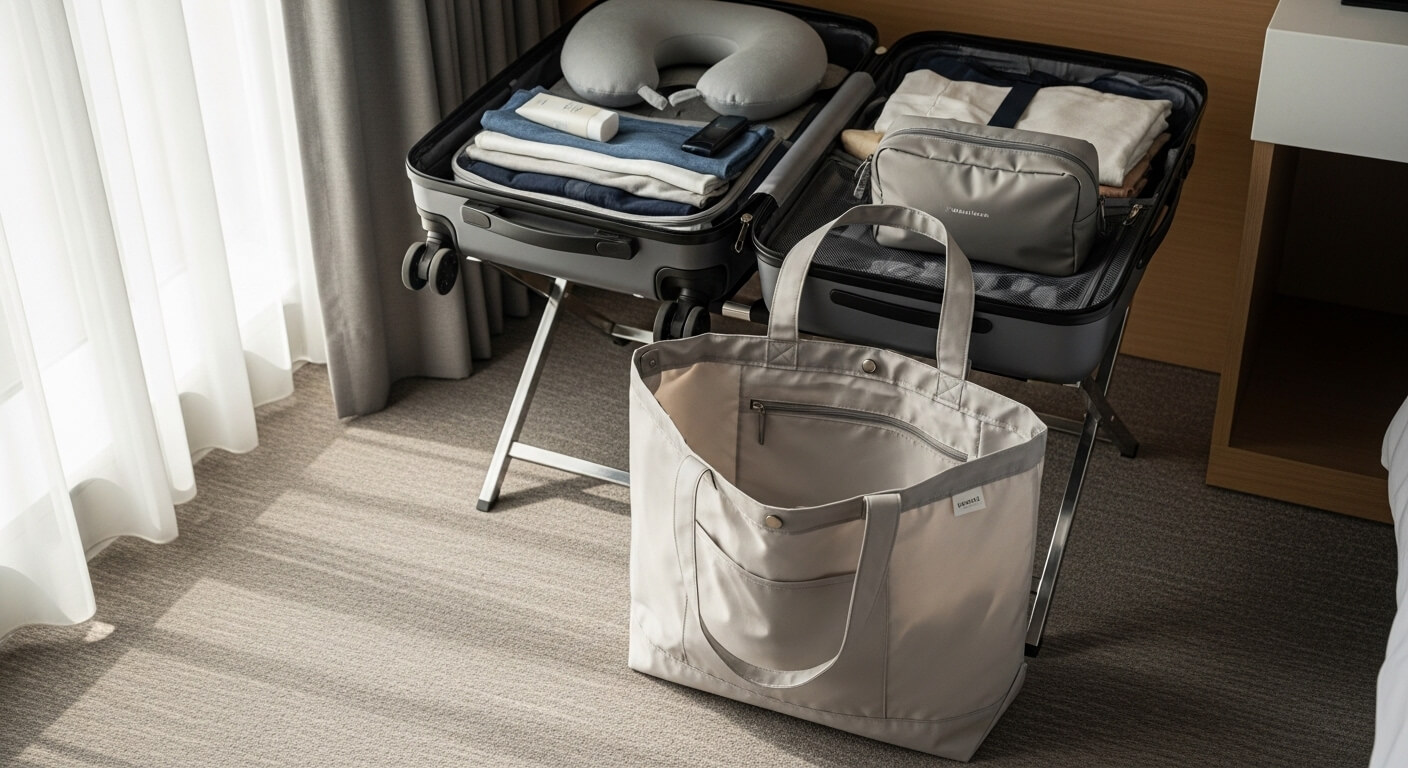 open suitcase with neatly folded clothes and travel pillow on stand next to empty beige tote bag in hotel room
