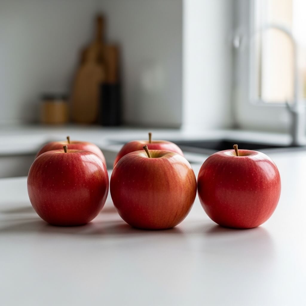 Five red apples arranged on a white kitchen countertop with blurred cutting boards in the background.