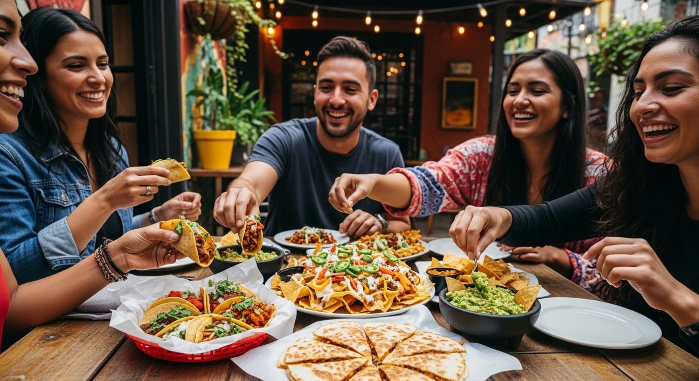 Group of friends enjoying tacos, nachos, quesadillas, and guacamole at an outdoor restaurant table