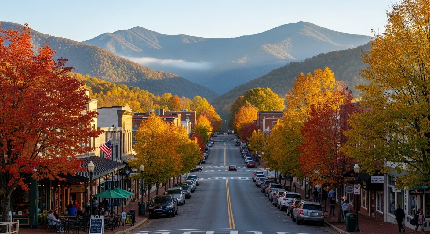 Downtown street lined with autumn trees and parked cars, with mountains in the background under a clear sky.