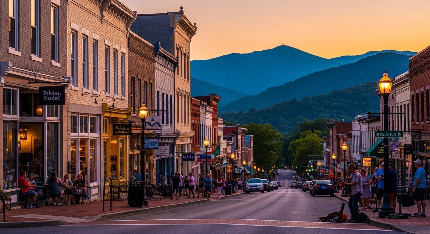 Downtown street at sunset with people dining, walking, and a musician playing guitar, mountains in the background.
