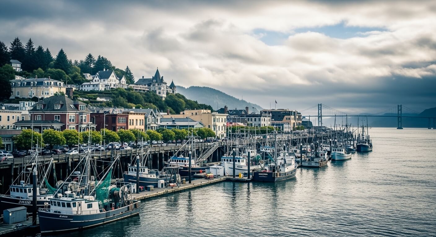 Fishing boats docked at a waterfront town with hillside houses and a distant suspension bridge under cloudy skies