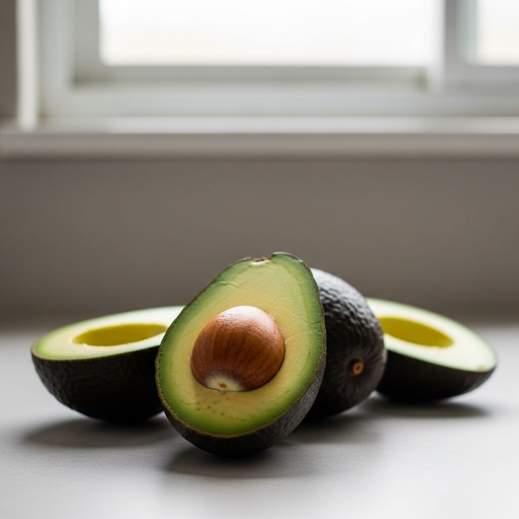 Two halved avocados with one showing the seed and one whole avocado on a white surface near a window