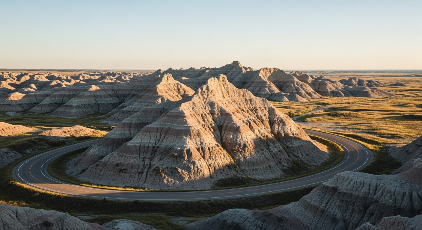 Curving road winding through layered rock formations in a desert landscape at sunset.