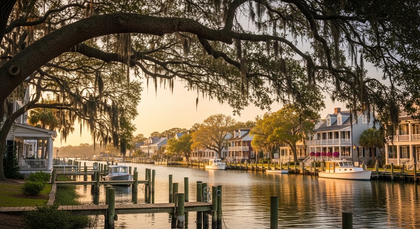 Waterfront neighborhood with boats docked along piers and large oak trees with Spanish moss at sunset