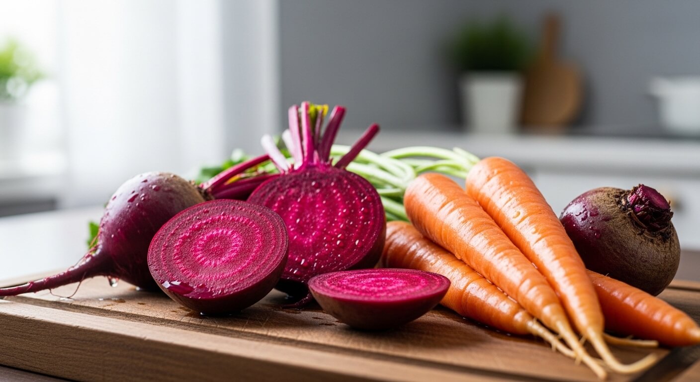 Fresh whole and sliced beets with a bunch of carrots on a wooden cutting board in a kitchen setting