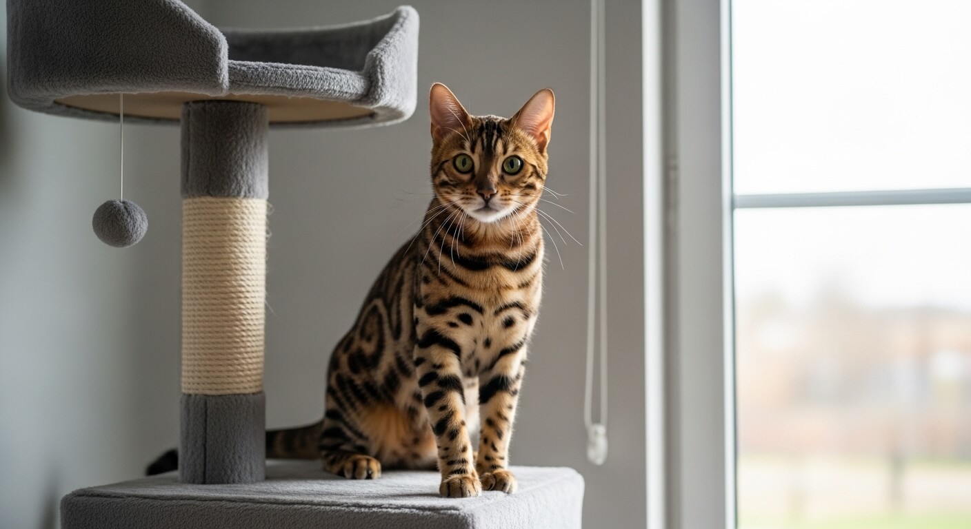Bengal cat sitting on a gray cat tree near a window with a hanging gray ball toy.