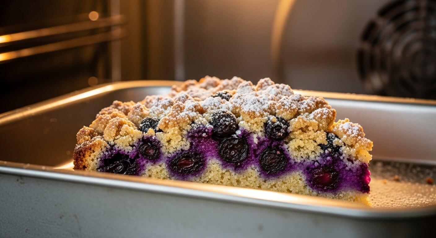 Blueberry crumb cake slice with powdered sugar in a baking pan inside an oven