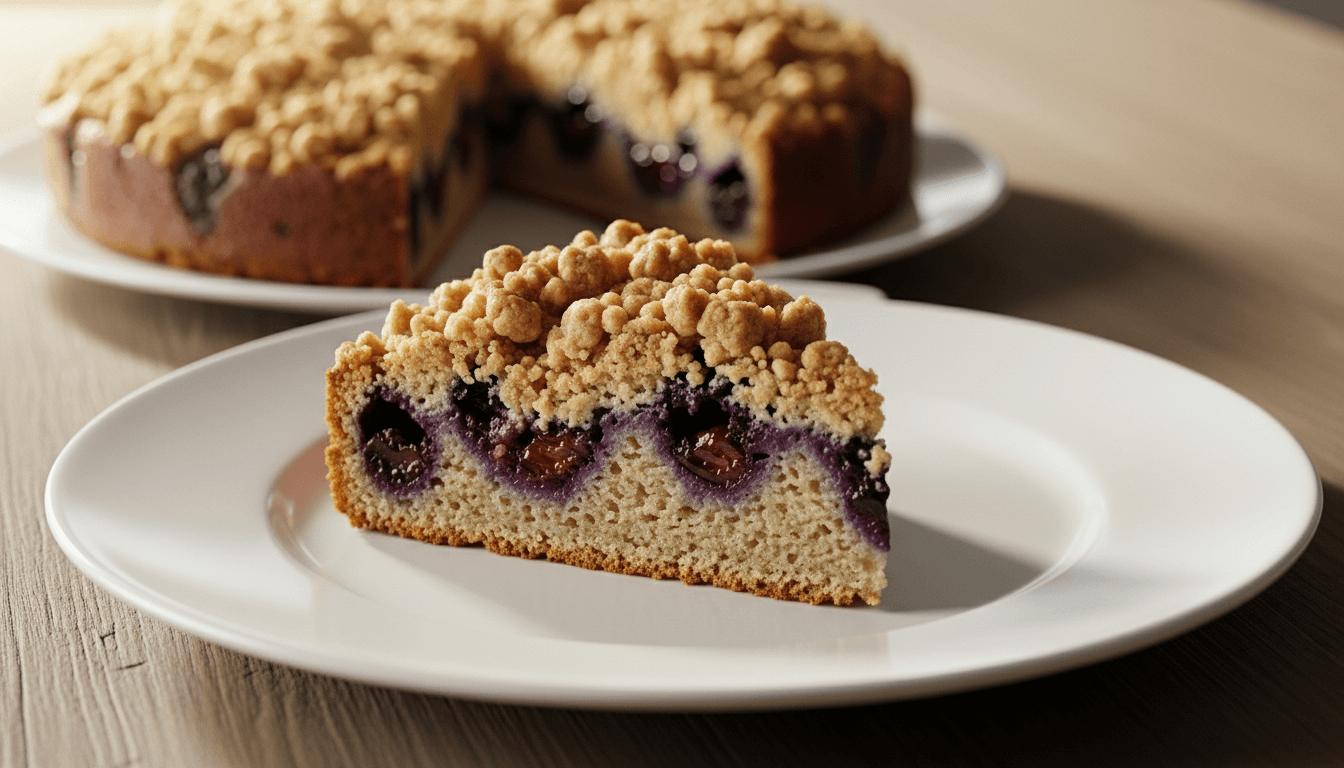 Slice of crumb-topped blueberry coffee cake on a white plate with the remaining cake in the background.