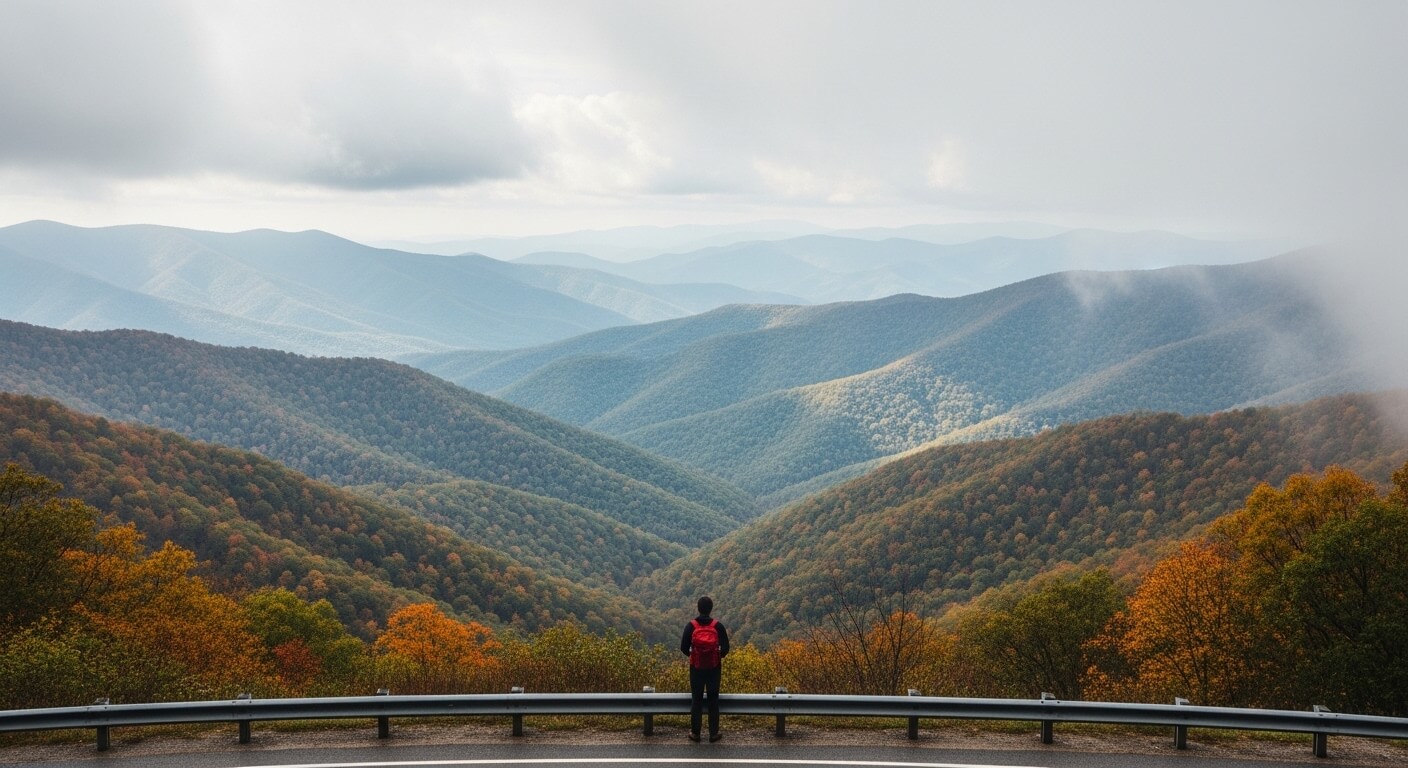 Person with red backpack overlooking layered blue and orange autumn mountains under cloudy sky