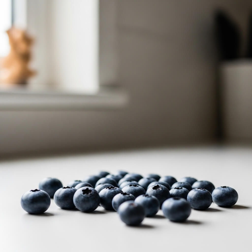 Close-up of fresh blueberries scattered on a white surface with a blurred background.