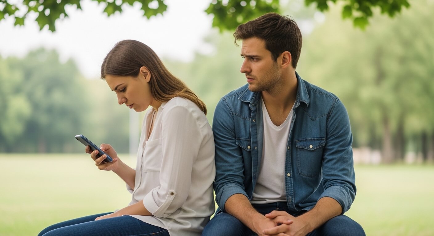 Young woman looking at phone while man in denim shirt looks at her with concern outdoors