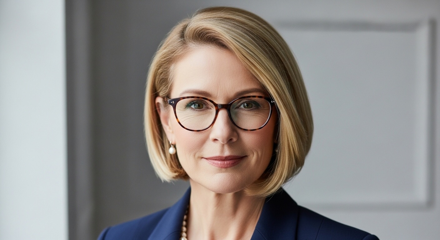 Confident middle-aged woman with blonde bob haircut and tortoiseshell glasses wearing a navy blazer and pearl earrings
