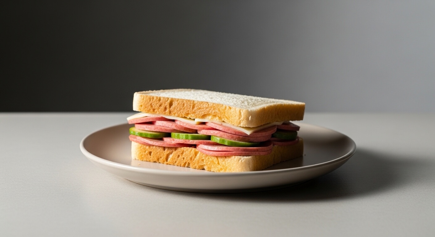 Sandwich with sliced bologna, cucumber, and cheese on white bread on a beige plate