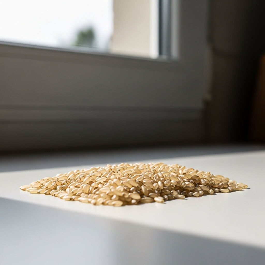 Pile of uncooked brown rice grains on a white surface near a window with natural light.