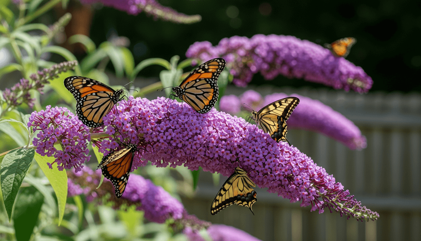 Monarch and swallowtail butterflies feeding on purple butterfly bush flowers in a garden.