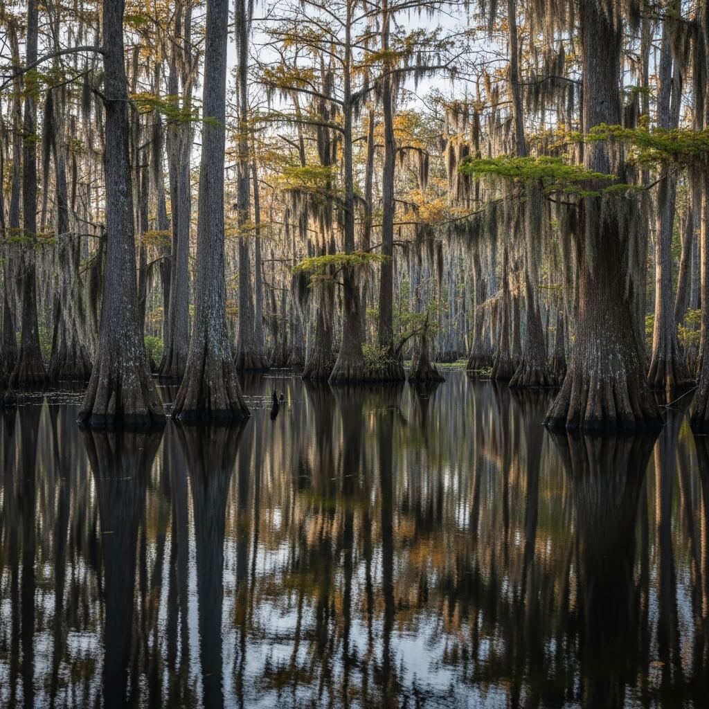 Cypress trees with Spanish moss reflected in calm swamp water during autumn.