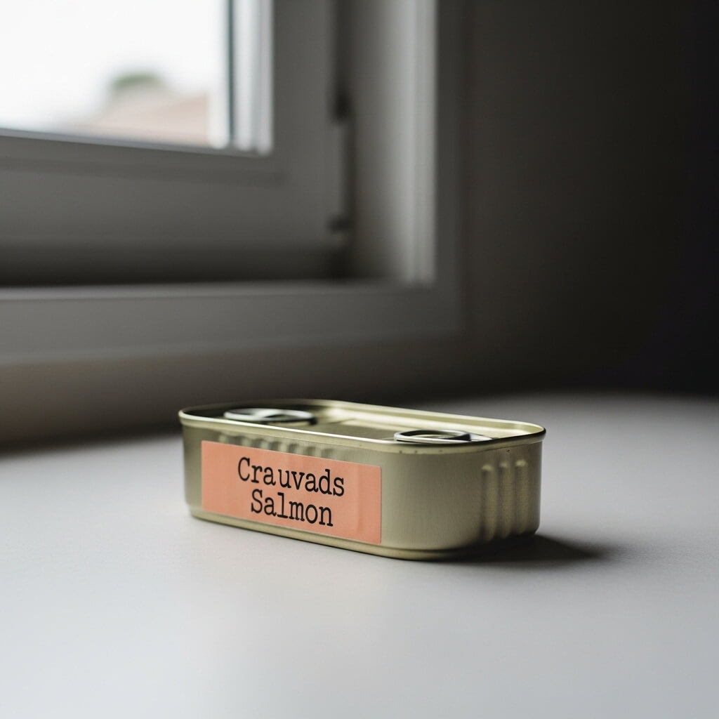 Rectangular metal tin labeled "Crauvads Salmon" on a white surface near a window