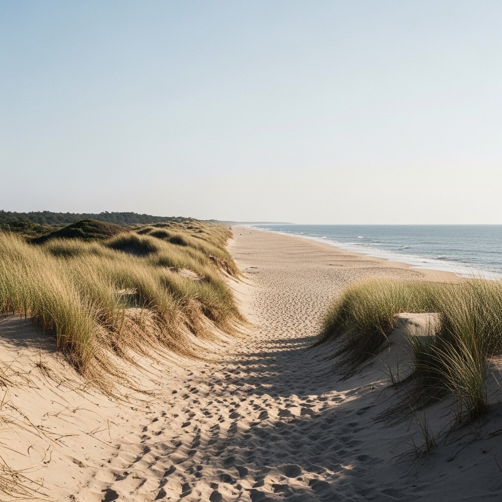 Sandy beach path through tall grass dunes leading to a calm ocean under a clear sky.
